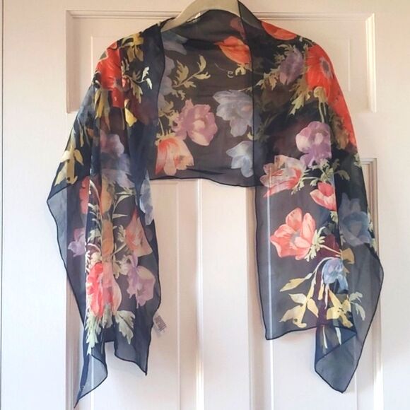 ECHO 100% SILK SHEER FLORAL SCARF WRAP NAVY BLUE CORAL PURPLE GREEN - Picture 1 of 7